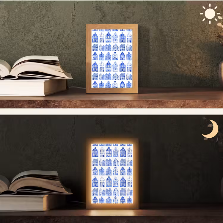 Patroon - Huizen - Blauw Light Box met kabel (Tafellamp) klein 925 -sfeer3