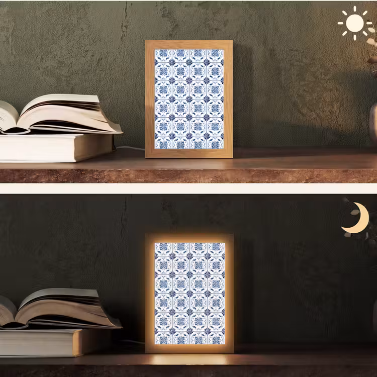 Patroon - Tegel - Blauw Light Box met kabel (Tafellamp) klein 925 -sfeer3
