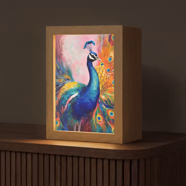 Pauw - Dieren - Schilderij - Regenboog Light Box met kabel (Tafellamp) klein -z3d_website