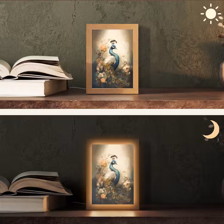 Pauw - Pauwenveren - Bloemen - Vogels - Botanisch Light Box met kabel (Tafellamp) klein -sfeer3