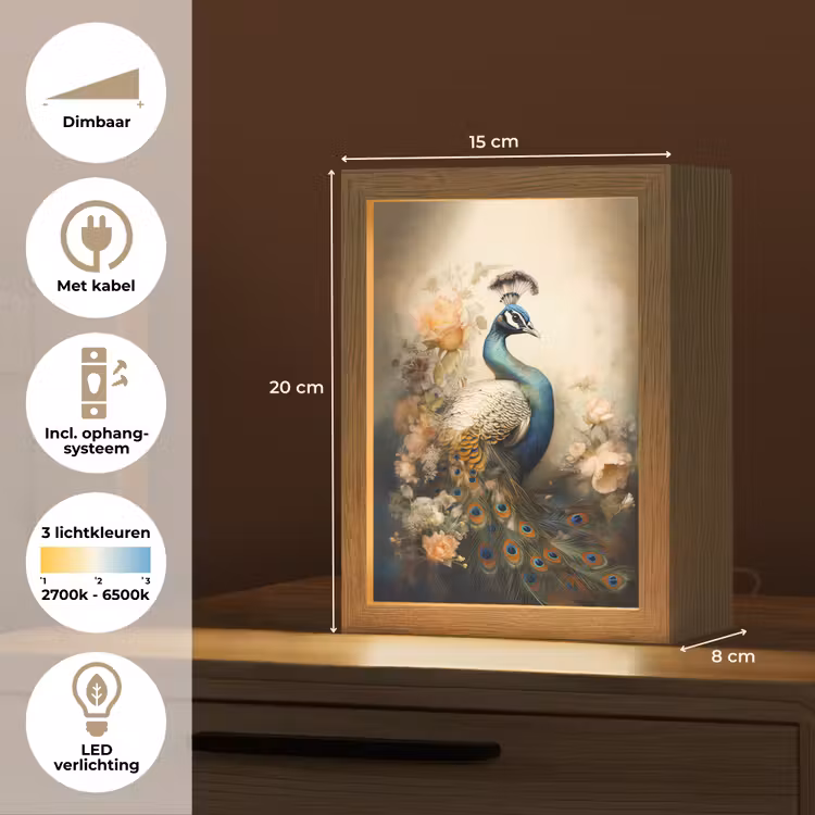 Pauw - Pauwenveren - Bloemen - Vogels - Botanisch Light Box met kabel (Tafellamp) klein -USP_NL
