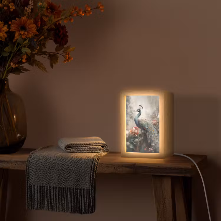 Pauw - Pauwenveren - Vogel - Jungle - Bloemen Light Box met kabel (Tafellamp) klein -sfeer4