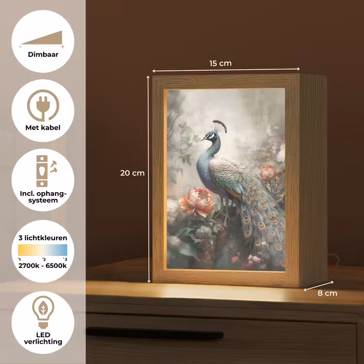Pauw - Pauwenveren - Vogel - Jungle - Bloemen Light Box met kabel (Tafellamp) klein -USP_NL