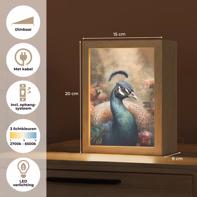Pauw - Vogel - Bloemen - Planten - Pauwenveren Light Box met kabel (Tafellamp) klein -USP_NL