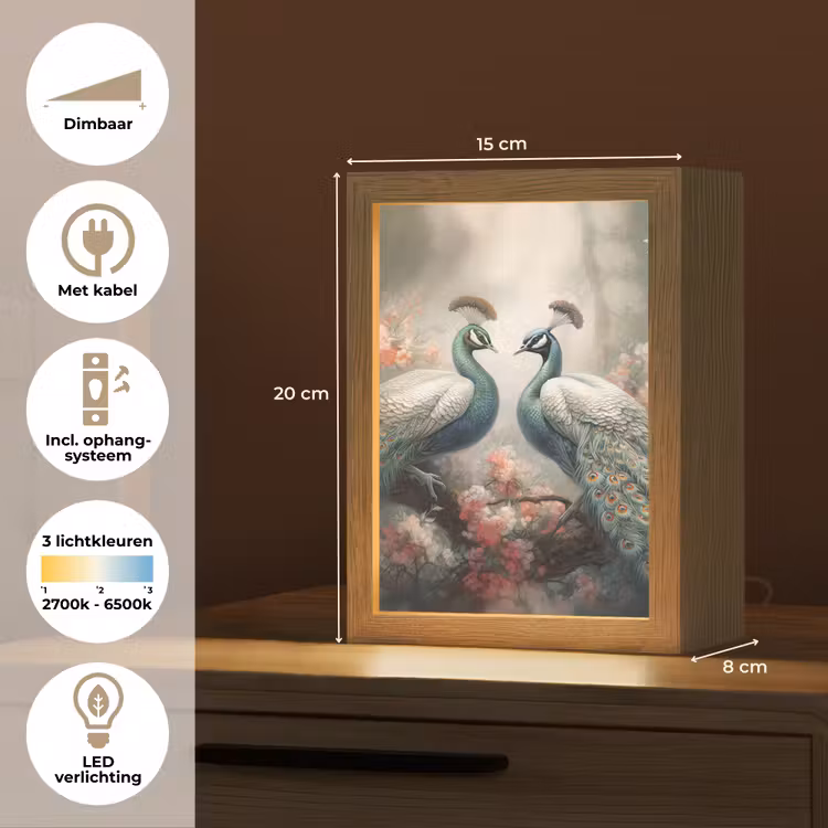 Pauwen - Pauwenveren - Vogels - Bloemen - Natuur Light Box met kabel (Tafellamp) klein -USP_NL