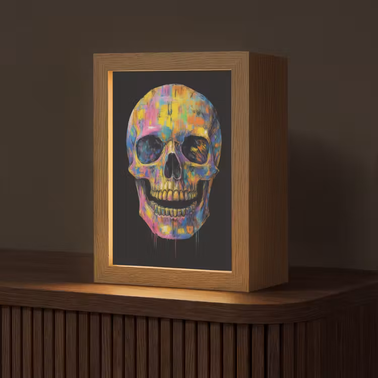 Penseelstreken - Schedel - Kleurrijk - Abstract Light Box met kabel (Tafellamp) klein -z3d_website