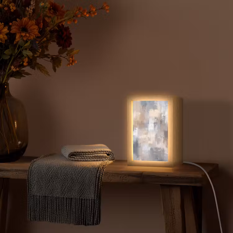 Penseelstreken - Schilderij - Beige Light Box met kabel (Tafellamp) klein -sfeer4