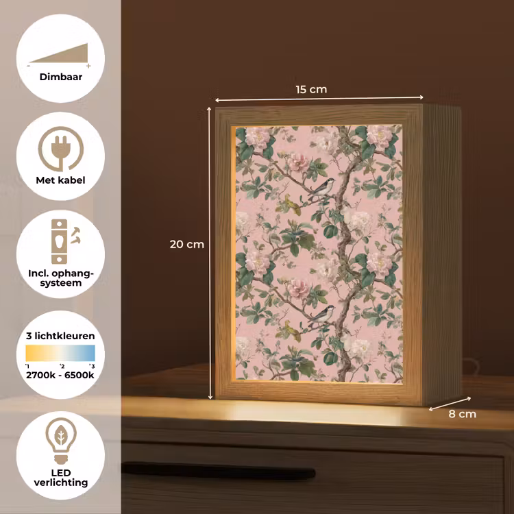 Pioenrozen - Botanisch - Vogel Light Box met kabel (Tafellamp) klein 925 -USP_NL