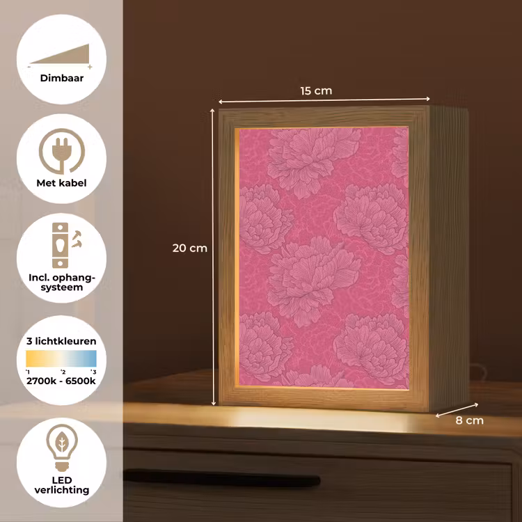 Pioenrozen - Energiek - Roze Light Box met kabel (Tafellamp) klein 925 -USP_NL