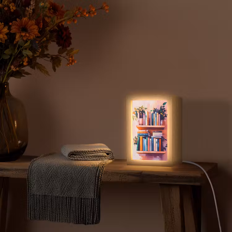 Planken - Boeken - Bladeren Light Box met kabel (Tafellamp) klein -sfeer4