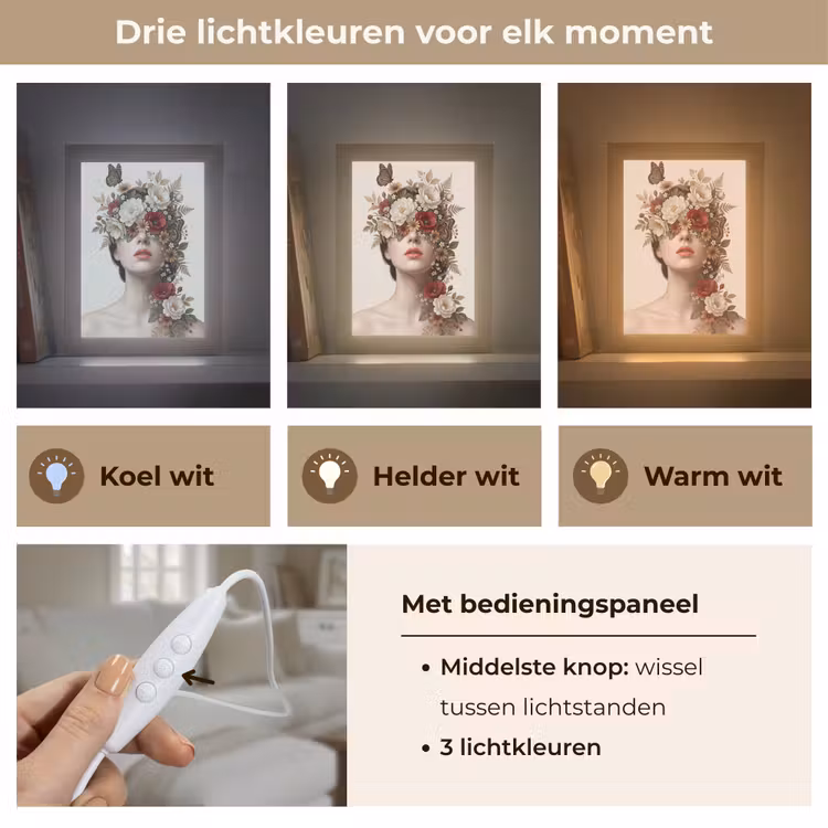 Portret - Bloemen - Cremé Light Box met kabel (Tafellamp) klein -USP_lichtkleurNL