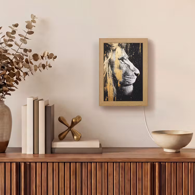Portret - Leeuw - Abstract - Goud Light Box met kabel (Tafellamp) klein -sfeer2