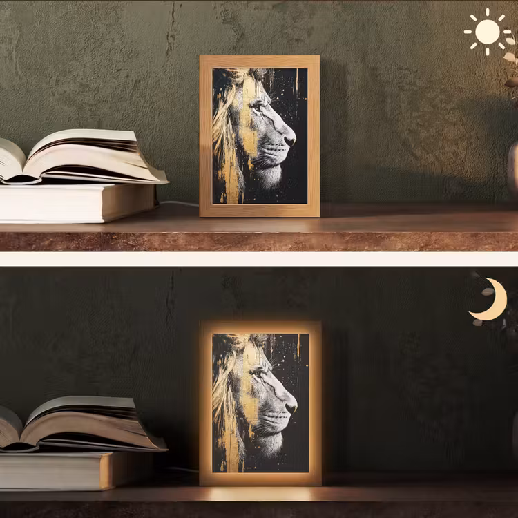 Portret - Leeuw - Abstract - Goud Light Box met kabel (Tafellamp) klein -sfeer3