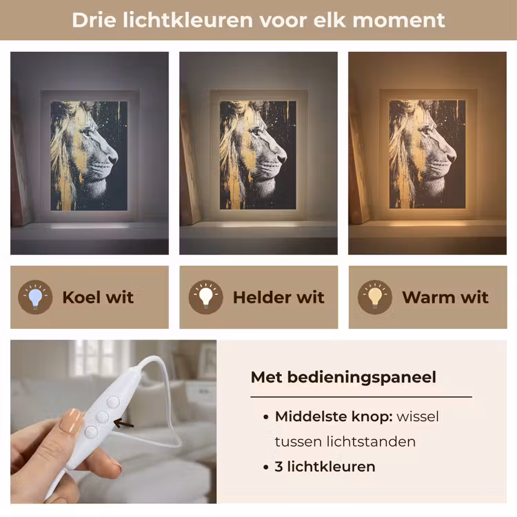 Portret - Leeuw - Abstract - Goud Light Box met kabel (Tafellamp) klein -USP_lichtkleurNL
