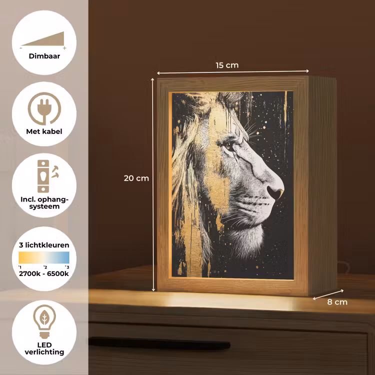 Portret - Leeuw - Abstract - Goud Light Box met kabel (Tafellamp) klein -USP_NL