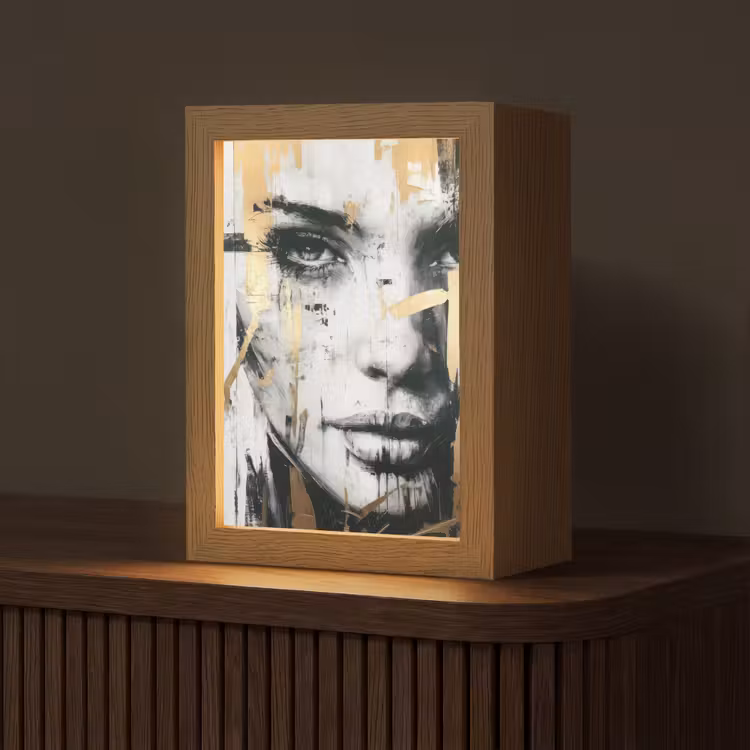 Portret - Vrouw - Penseelstreken - Goud Light Box met kabel (Tafellamp) klein -z3d_website