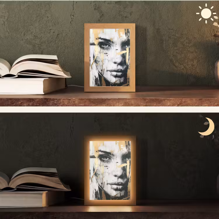 Portret - Vrouw - Penseelstreken - Goud Light Box met kabel (Tafellamp) klein -sfeer3