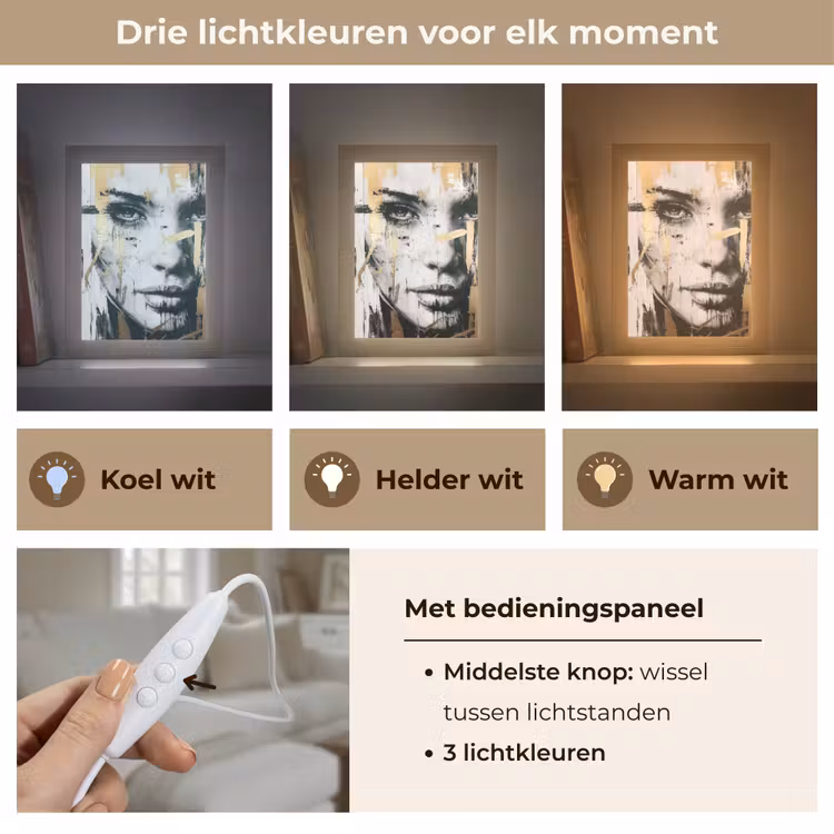 Portret - Vrouw - Penseelstreken - Goud Light Box met kabel (Tafellamp) klein -USP_lichtkleurNL