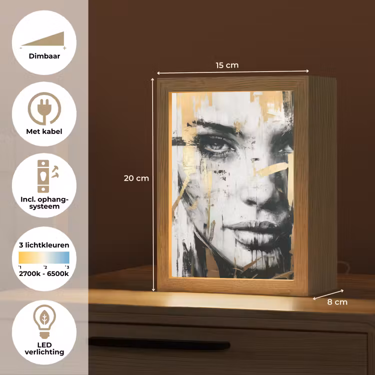 Portret - Vrouw - Penseelstreken - Goud Light Box met kabel (Tafellamp) klein -USP_NL