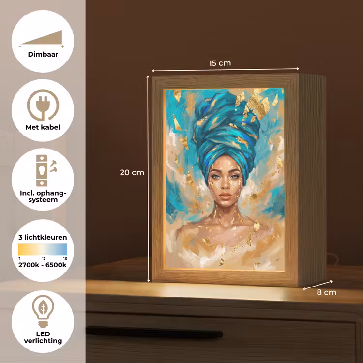 Portret - Vrouw - Schilderij - Blauw - Goud - Expressief Light Box met kabel (Tafellamp) klein -USP_NL