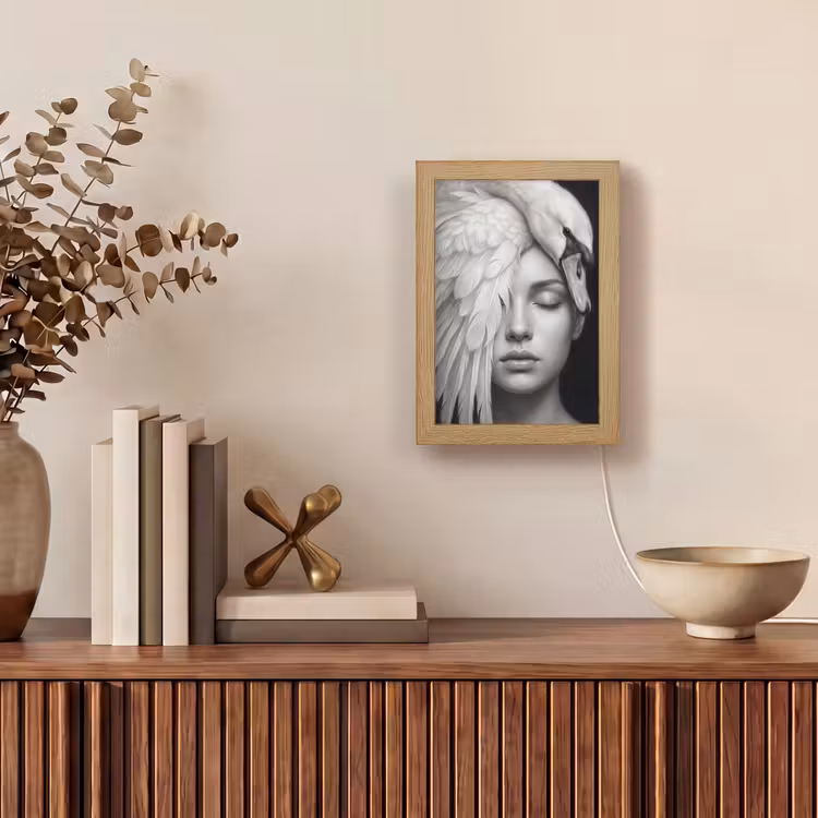 Portret - Zwaan - Zwart - Wit Light Box met kabel (Tafellamp) klein -sfeer2