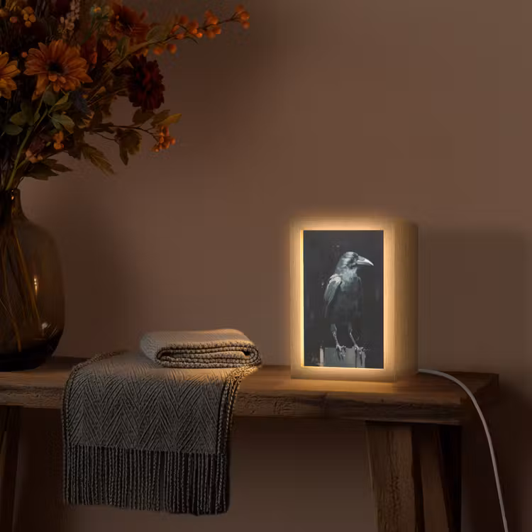 Raaf - Vogels - Zwart Light Box met kabel (Tafellamp) klein -sfeer4