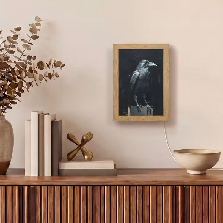 Raaf - Vogels - Zwart Light Box met kabel (Tafellamp) klein -sfeer2