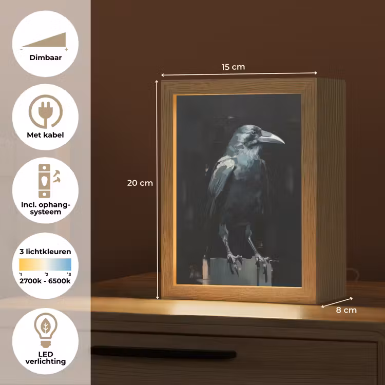 Raaf - Vogels - Zwart Light Box met kabel (Tafellamp) klein -USP_NL