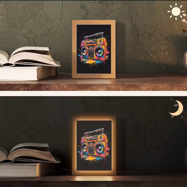Radio - Graffiti - Box - Kleuren - Zwart Light Box met kabel (Tafellamp) klein -sfeer3