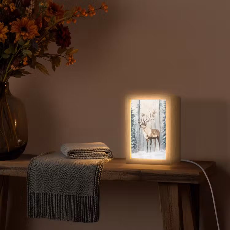 Rendier - Sneeuw - Woud - Wit Light Box met kabel (Tafellamp) klein -sfeer4