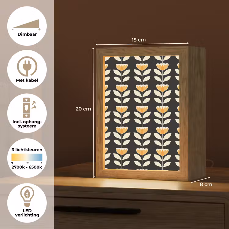 Retro - Bloem - Zwart - Okergeel Light Box met kabel (Tafellamp) klein 925 -USP_NL