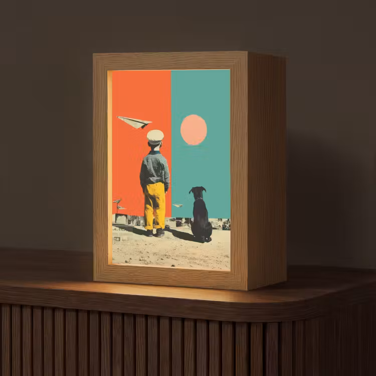 Retro - Jongen - Hond - Rood - Groen Light Box met kabel (Tafellamp) klein -z3d_website