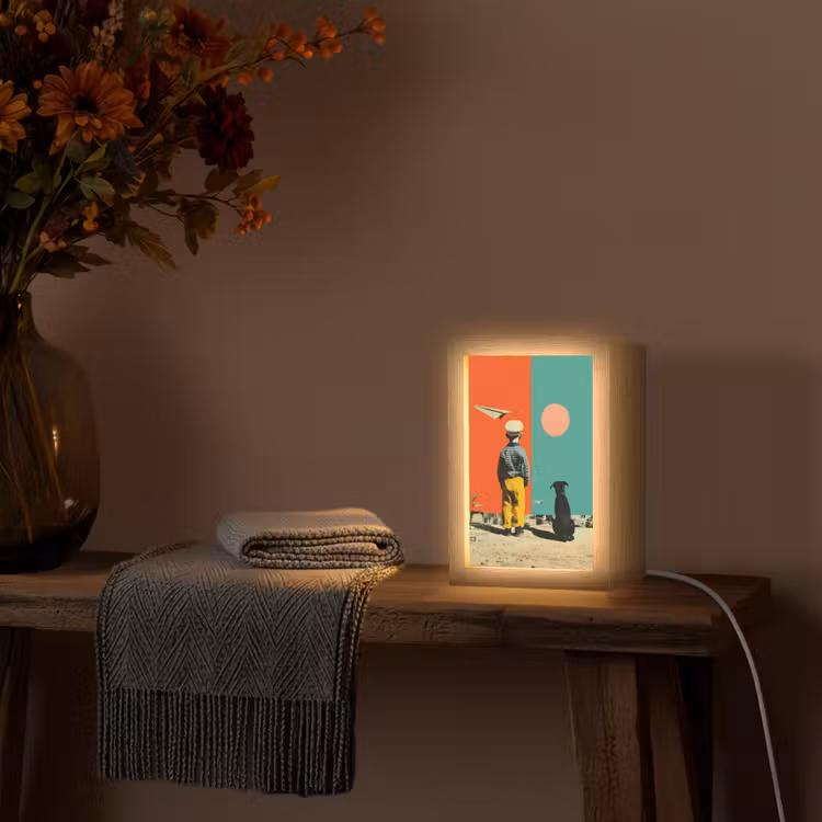 Retro - Jongen - Hond - Rood - Groen Light Box met kabel (Tafellamp) klein -sfeer4