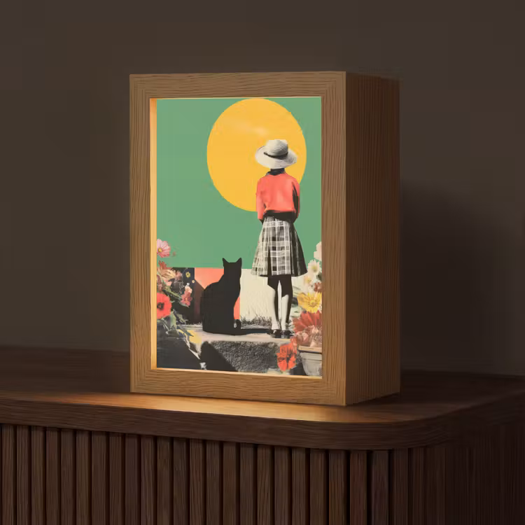 Retro - Meisje - Kat - Zon Light Box met kabel (Tafellamp) klein -z3d_website
