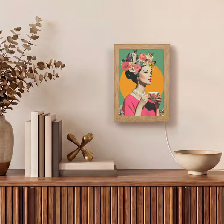 Retro - Vrouw - Stad - Zon Light Box met kabel (Tafellamp) klein -sfeer2