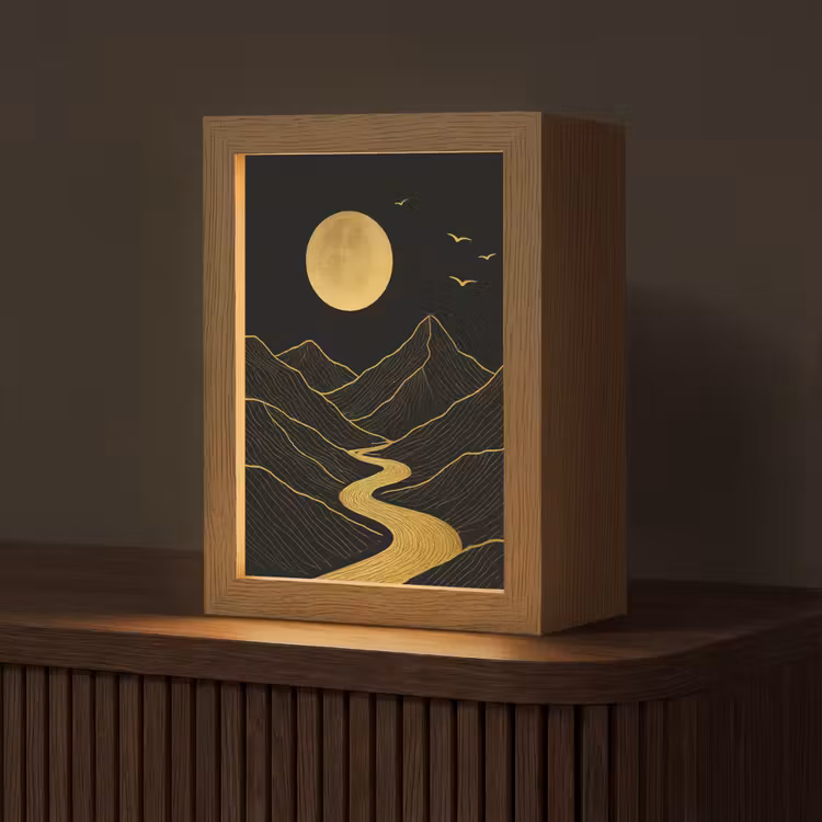 Rivier - Goud - Maan - Vogels Light Box met kabel (Tafellamp) klein -z3d_website