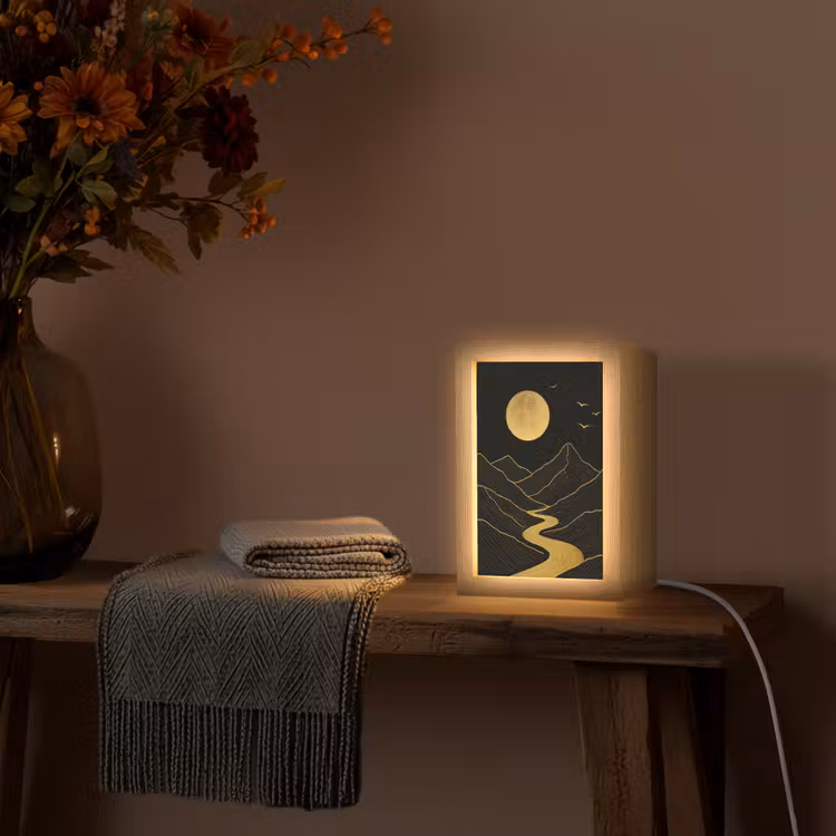 Rivier - Goud - Maan - Vogels Light Box met kabel (Tafellamp) klein -sfeer4