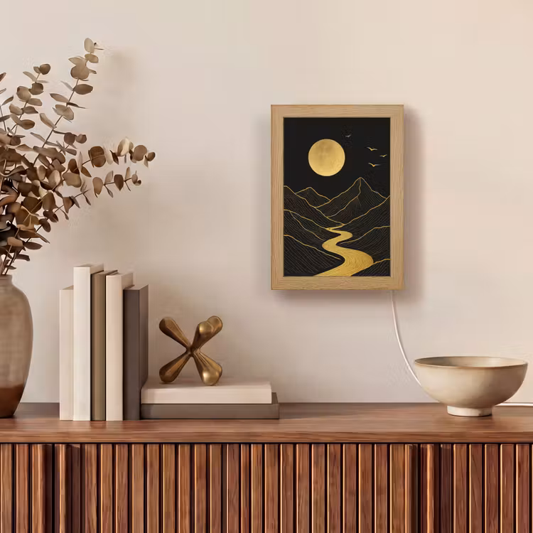 Rivier - Goud - Maan - Vogels Light Box met kabel (Tafellamp) klein -sfeer2