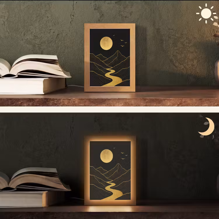 Rivier - Goud - Maan - Vogels Light Box met kabel (Tafellamp) klein -sfeer3