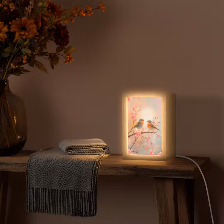 Roodborstjes - Sierlijk - Bloesemtak Light Box met kabel (Tafellamp) klein -sfeer4