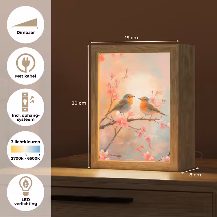 Roodborstjes - Sierlijk - Bloesemtak Light Box met kabel (Tafellamp) klein -USP_NL