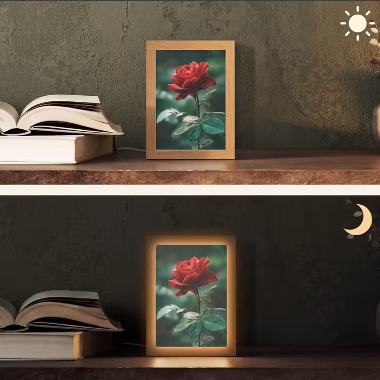 Roos - Bladeren - Dieprood Light Box met kabel (Tafellamp) klein -sfeer3
