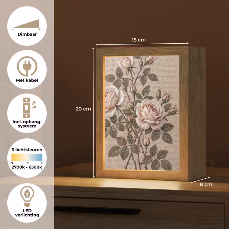 Roos - Mozaïek - Bloemen - Klassiek - Beige Light Box met kabel (Tafellamp) klein -USP_NL