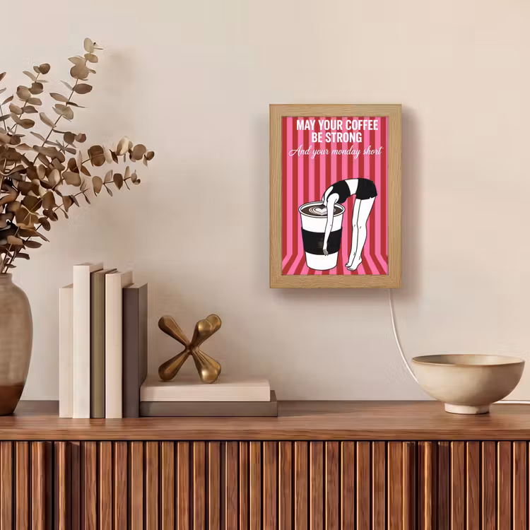 Roze - Strepen - Koffie - Maandag Light Box met kabel (Tafellamp) klein -sfeer2