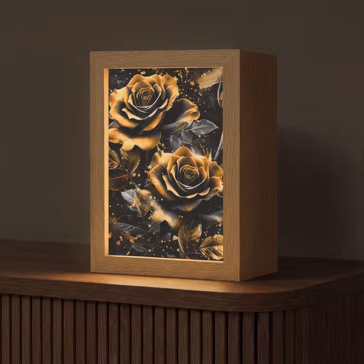 Rozen - Goud - Zwart - Bloemen - Modern Light Box met kabel (Tafellamp) klein -z3d_website
