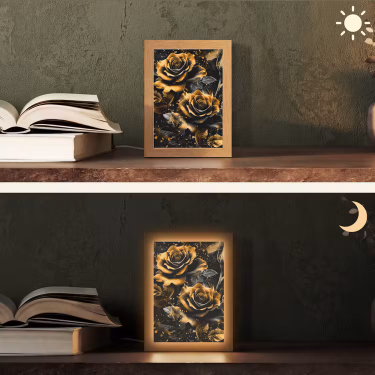 Rozen - Goud - Zwart - Bloemen - Modern Light Box met kabel (Tafellamp) klein -sfeer3