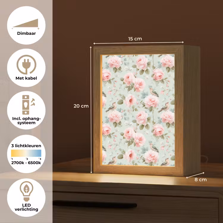 Rozen - Vogels - Pastel - Kleurrijk Light Box met kabel (Tafellamp) klein 925 -USP_NL