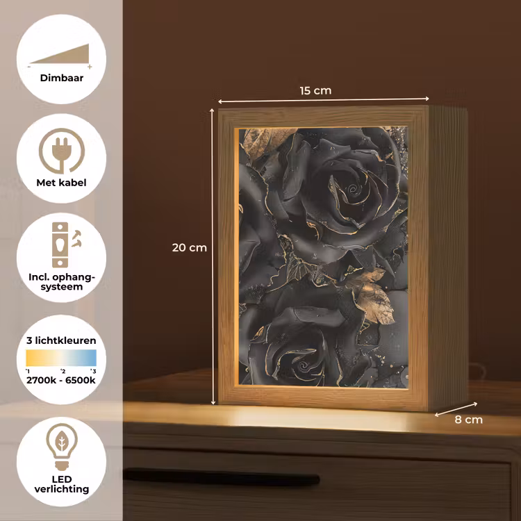 Rozen - Zwart - Bloemen - Goud Light Box met kabel (Tafellamp) klein -USP_NL