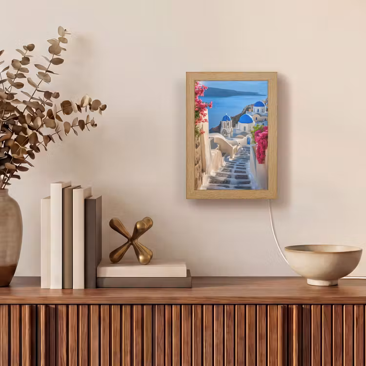Santorini - Bloemen - Griekenland Light Box met kabel (Tafellamp) klein -sfeer2