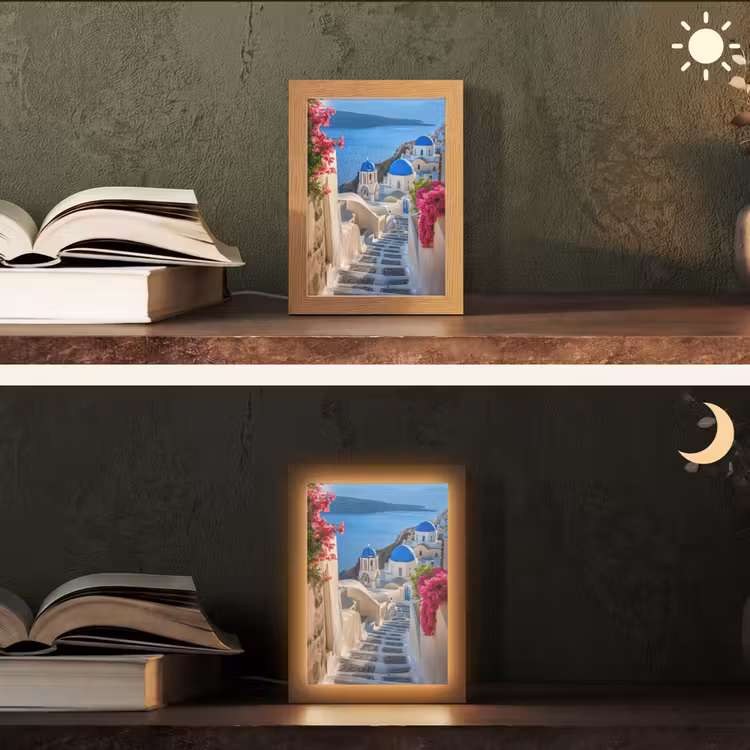 Santorini - Bloemen - Griekenland Light Box met kabel (Tafellamp) klein -sfeer3